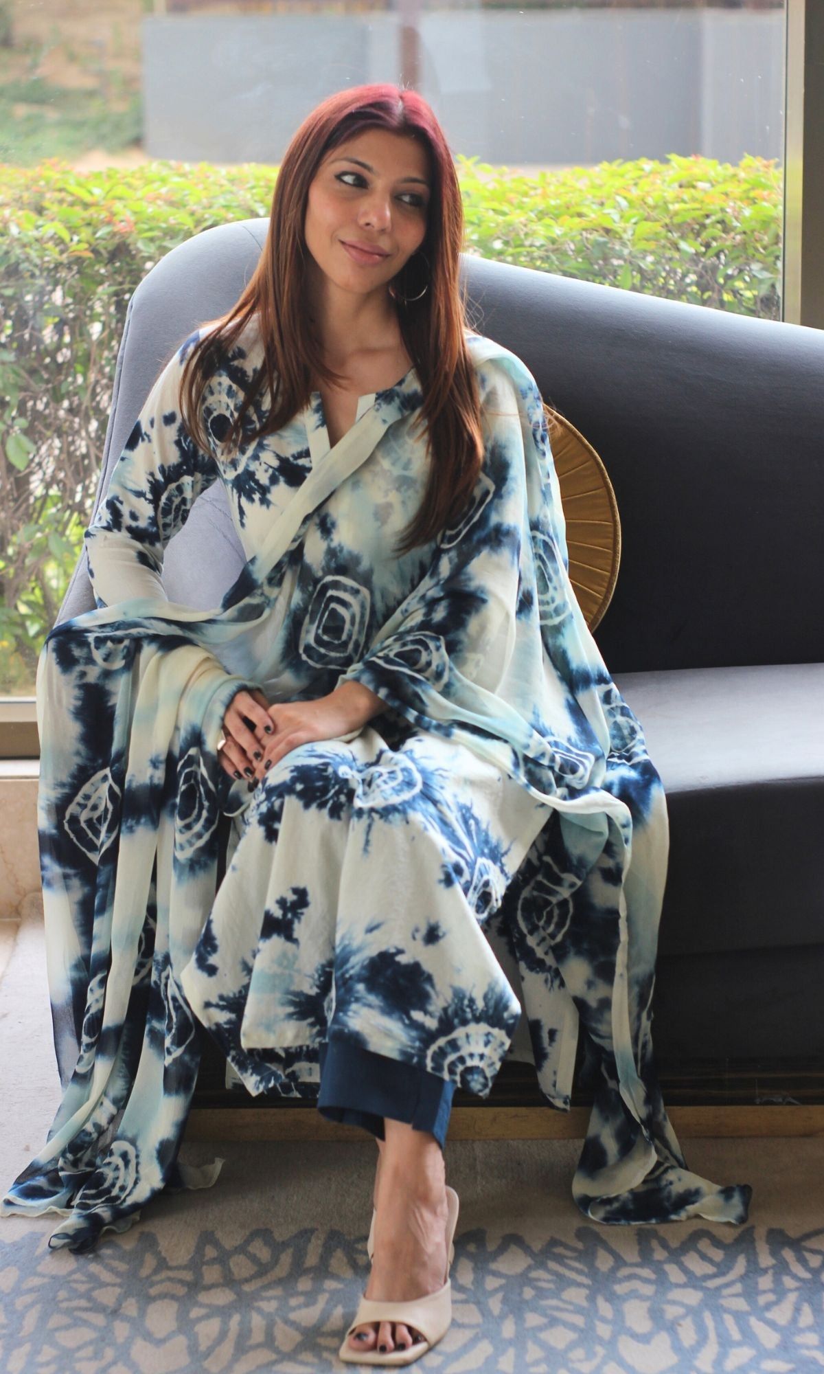 Cotton Blue Shibori Print Suit Set with Chiffon Dupatta-XXS