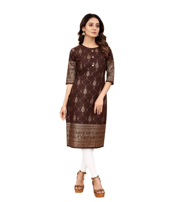 Women's Casual 3/4th Sleeve Foil Gold Printed Cotton Kurti (Brown, M)-PID46150