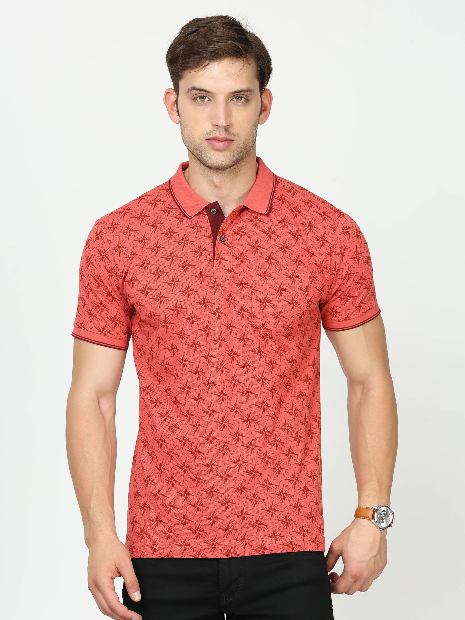 Classic Polo Mens Cotton Half Sleeves Printed Slim Fit Polo Neck Red Color T-Shirt | Beau - 215 B Sf P