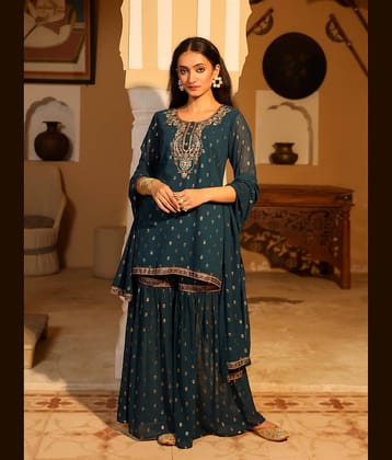 Juniper Georgette Printed Kurti With Pants Women's Stitched Salwar Suit - Teal ( Pack of 3 )