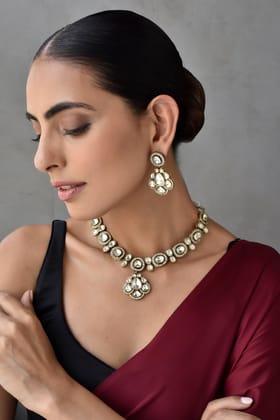 Tisya White Silver Polki Necklace Set-Polki