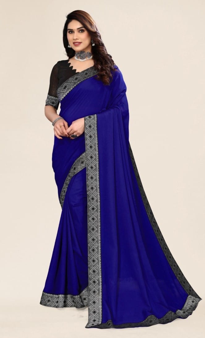 Women's Embellished Plain Solid Bollywood Chiffon Saree with Blouse (Blue)