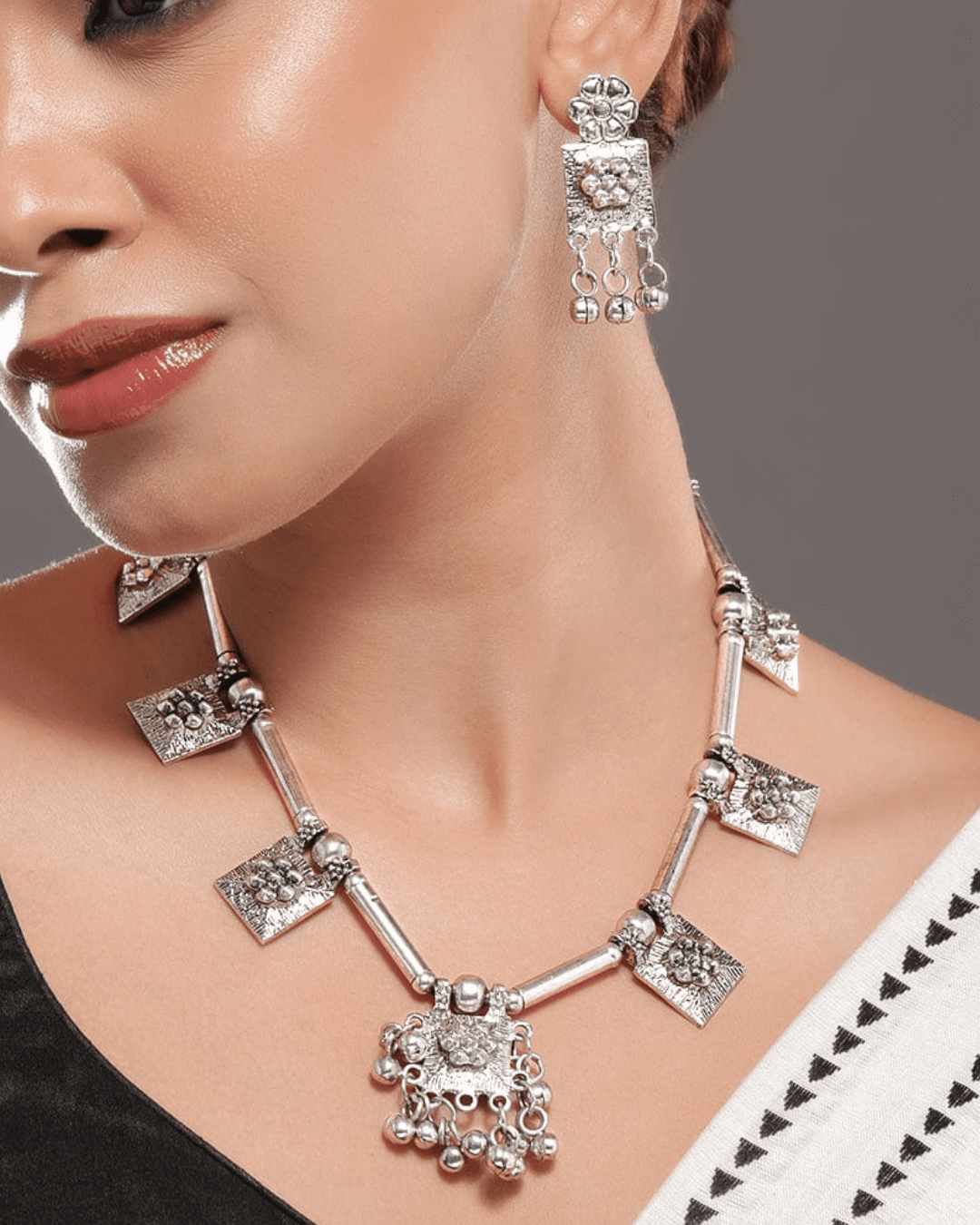 Oxidised Silver-Plated Necklace Set with Intricate Square Motifs & Oxidize Silver Necklace