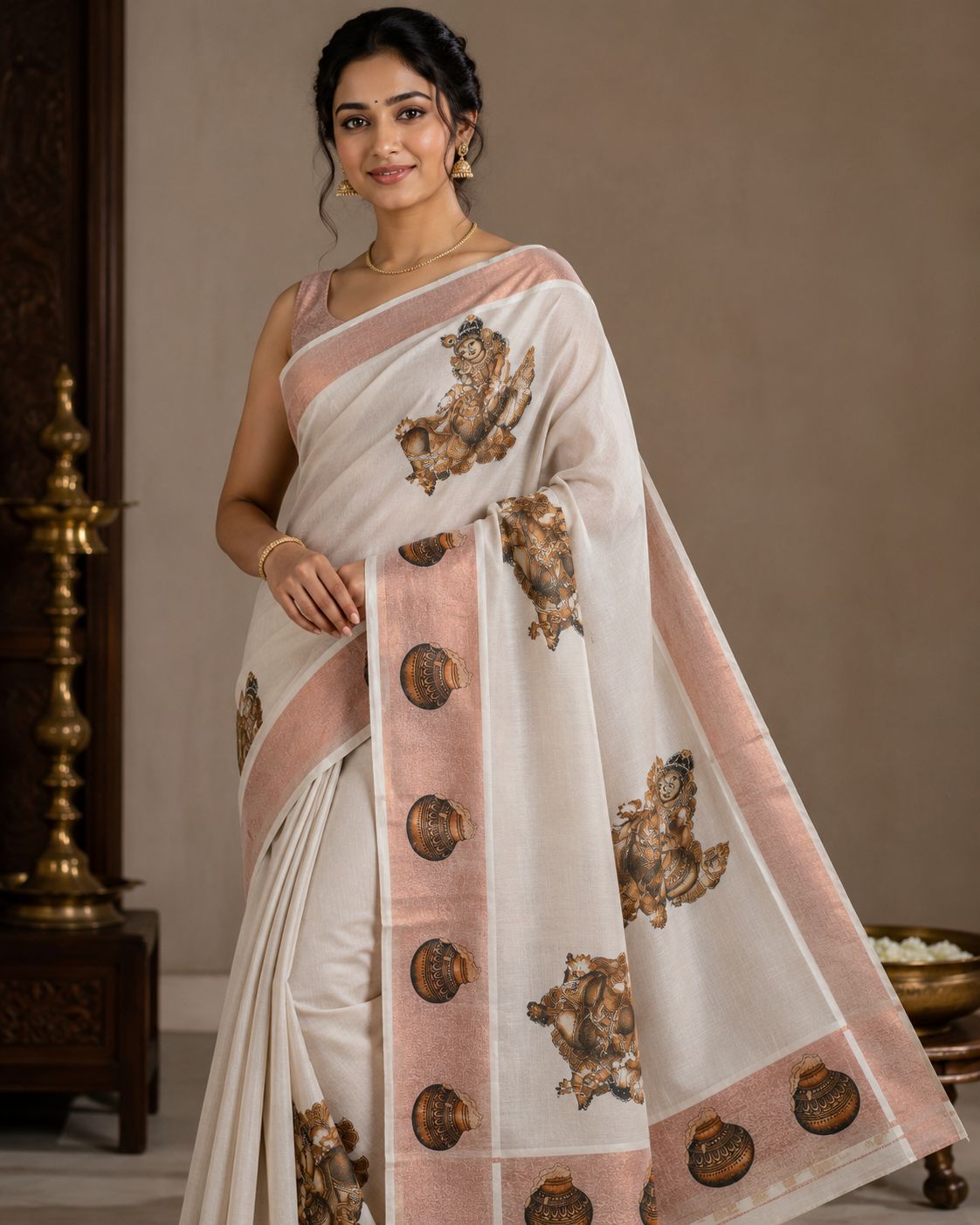 copper kasavu wallprint saree