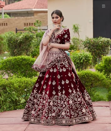 Red Colored Designer Partywear Embroidered Work Velvet Material Lehenga Choli DC 202