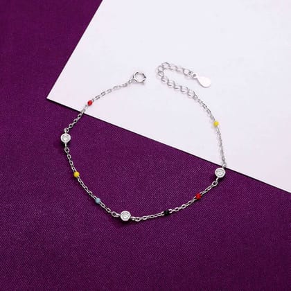 TRENDY MULTI COLOUR BEADS SILVER CHAIN BRACELET-White Stone / Silver
