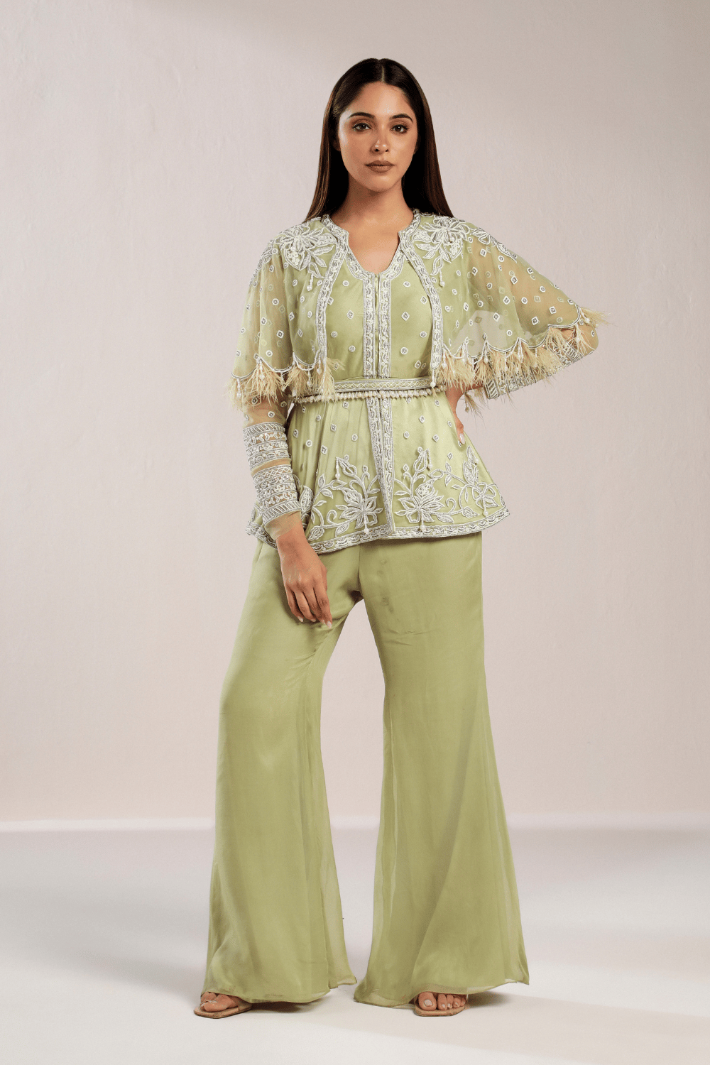 GREEN EMBROIDERED CAPE SET-XS