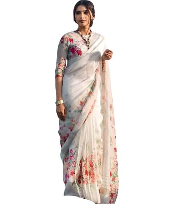Sidhidata Linen Printed Saree With Unstitched Blouse Piece ( White )