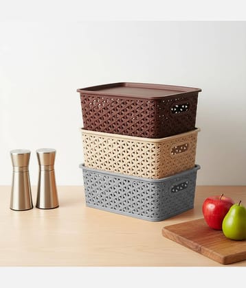 PrettyKrafts Rectangular Set of 3 Small Plastic Storage Organizers/Baskets With Lid For Kitchen, Clothes, Multipurpose Vegetables, Toys, Books, Office, Stationery, Wardrobe