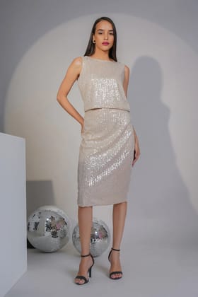 Noor Sequined Skirt Co-ord Set, Beige-M / M