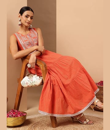 Janasya Women Cotton Embroidered Tiered Kurti ( Orange )