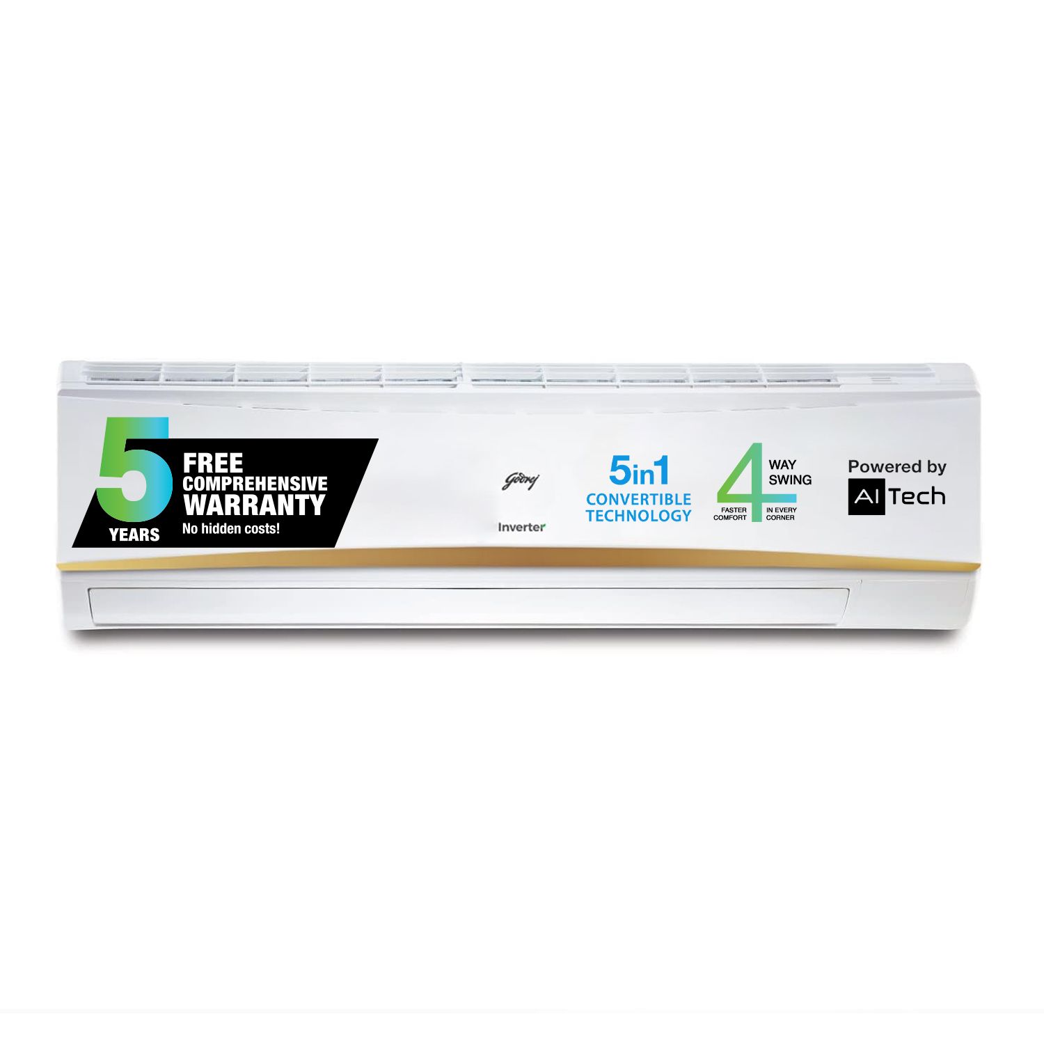 Godrej 2.5 Ton 3 Star, 5 Years Comprehensive Warranty, 5-in-1 Convertible Cooling, Inverter Split AC (Copper, 4 Way Air Swing With Heavy-Duty Cooling,AC 2.5T EI 30LINV3R32-WWR, White)