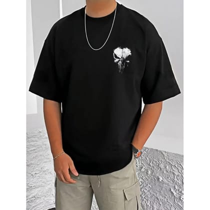 Men's Casual Cotton Blend Printed Round Neck Half Sleeve T-Shirt (Black) F