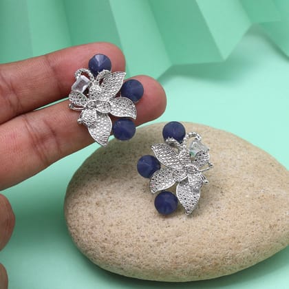 Blue Color Fashion Earrings With Beaded Details For Festive Attire-Earring Length: 3.00 CM x Width: 2.50 CM / Blue / Alloy With Good Quality Silver Plated