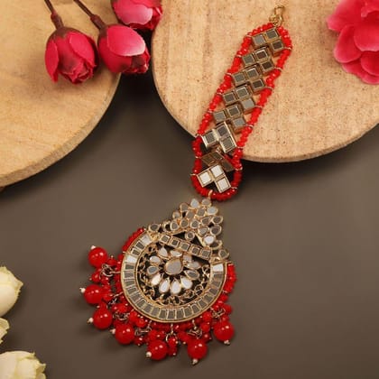 Women Gold-Plated Red Mirror-Studded  Beaded Maangtika