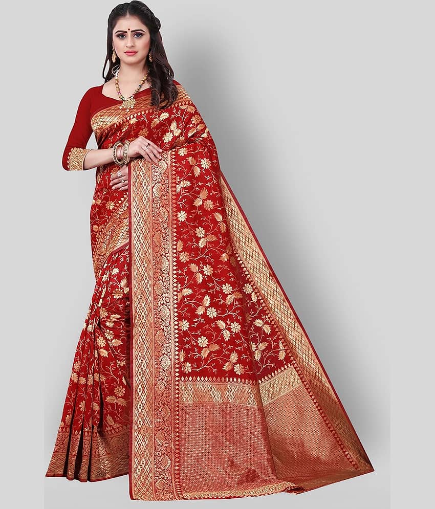Gazal Fashions Banarasi Silk Saree With Unstitched Blouse Piece ( Red )
