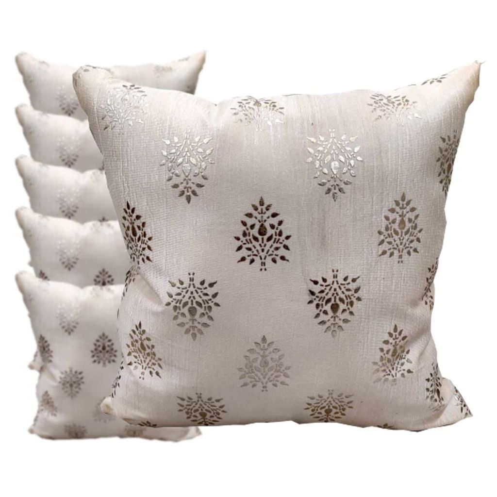 GOODVIBES Polyester Silver Floral Foil Printed Cream Square Cushion Covers Set of 6 (60 cm*60cm, 24 x 24 inch) Pack of 6 - Flowers | Buy online on ZillyBuy