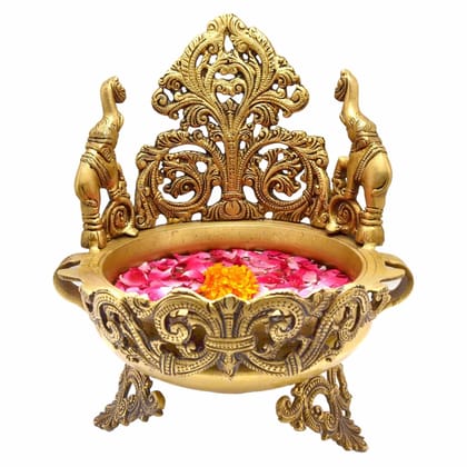 Brass Decorative Peacock Flower Urli - Artistic Handcrafted Bowl, Diameter : 8 Inch (BSMAS1146 A)