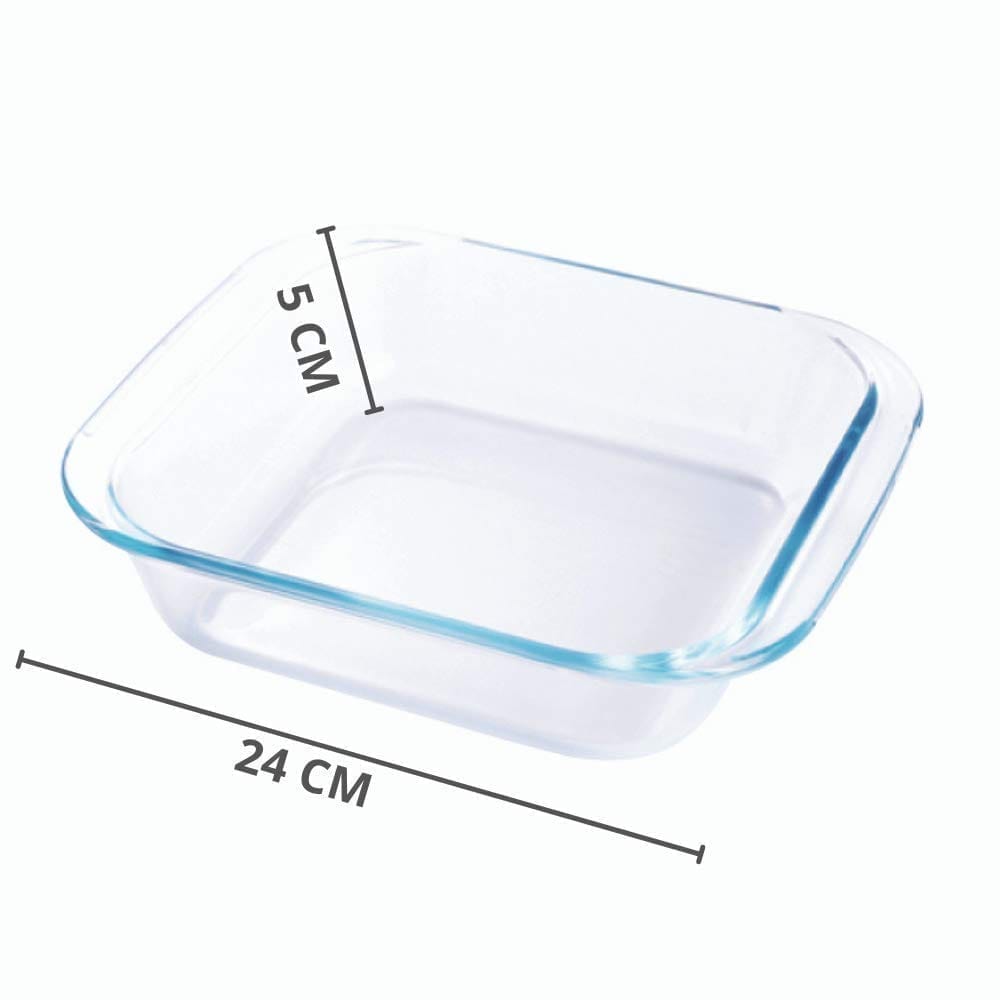 Femora Borosilicate Glass Solid Mixing Bowl and Square Dish, (Transparent, Bowl-2100ML, Dish-1700ML)- Set of 2