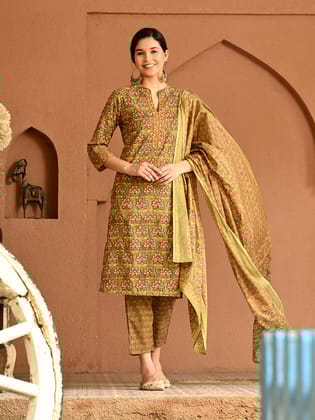 Green Floral Cotton Straight Kurta Pant Dupatta Set-S