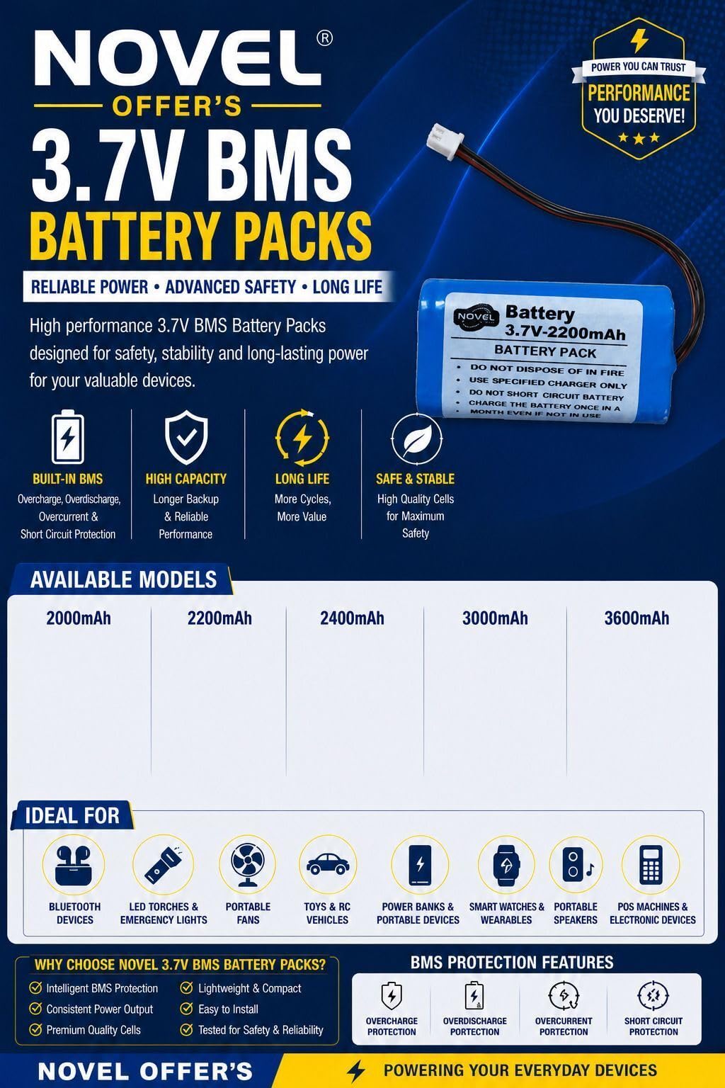NOVEL 3.7V 3600mAh Lithium-Ion Battery Pack with BMS Protection | Rechargeable Power Source for Bluetooth Devices, Smart Watches, Toys and Electronic Projects