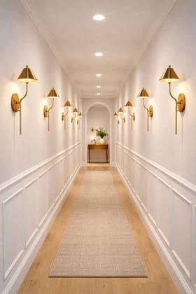 SPARKWORLD Modern Brass Finish Wall Light with Curved Arm & Conical Shade | Decorative Wall Sconce for Bedroom, Living Room, Corridor | Colour: Modern Brass Curved (Golden)