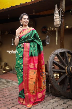 Bestseller Utsaav ~ Authentic Handloom Pure Silk Maharani Paithani - Beautiful Forest Green with Pink Border (Available in Designer Mango Buttis and one side big border)