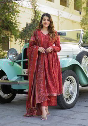 Red Floral Cotton Printed Anarkali Kurta Pant With Dupatta-XS
