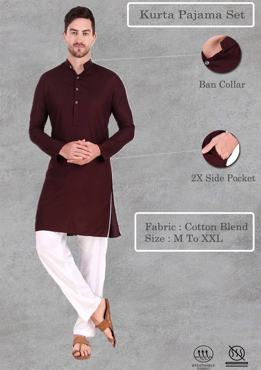 Preen Chocolatey Ban Collar Kurta Pajama Set-M