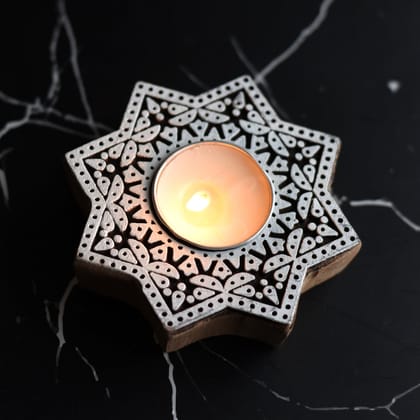 Aesthetic Living Sitara Wooden T- Light Holder (with Pack of 6 Unscented Soywax T-Candles)