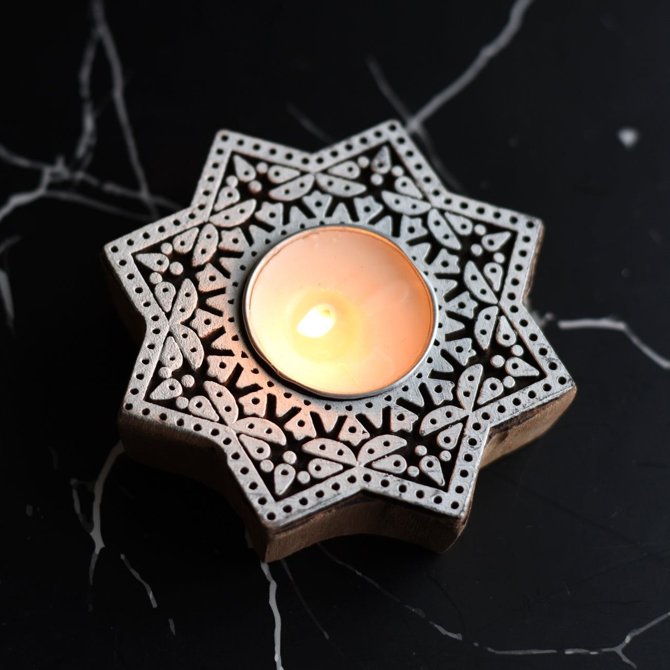 Aesthetic Living Sitara Wooden T- Light Holder (with Pack of 6 Unscented Soywax T-Candles)