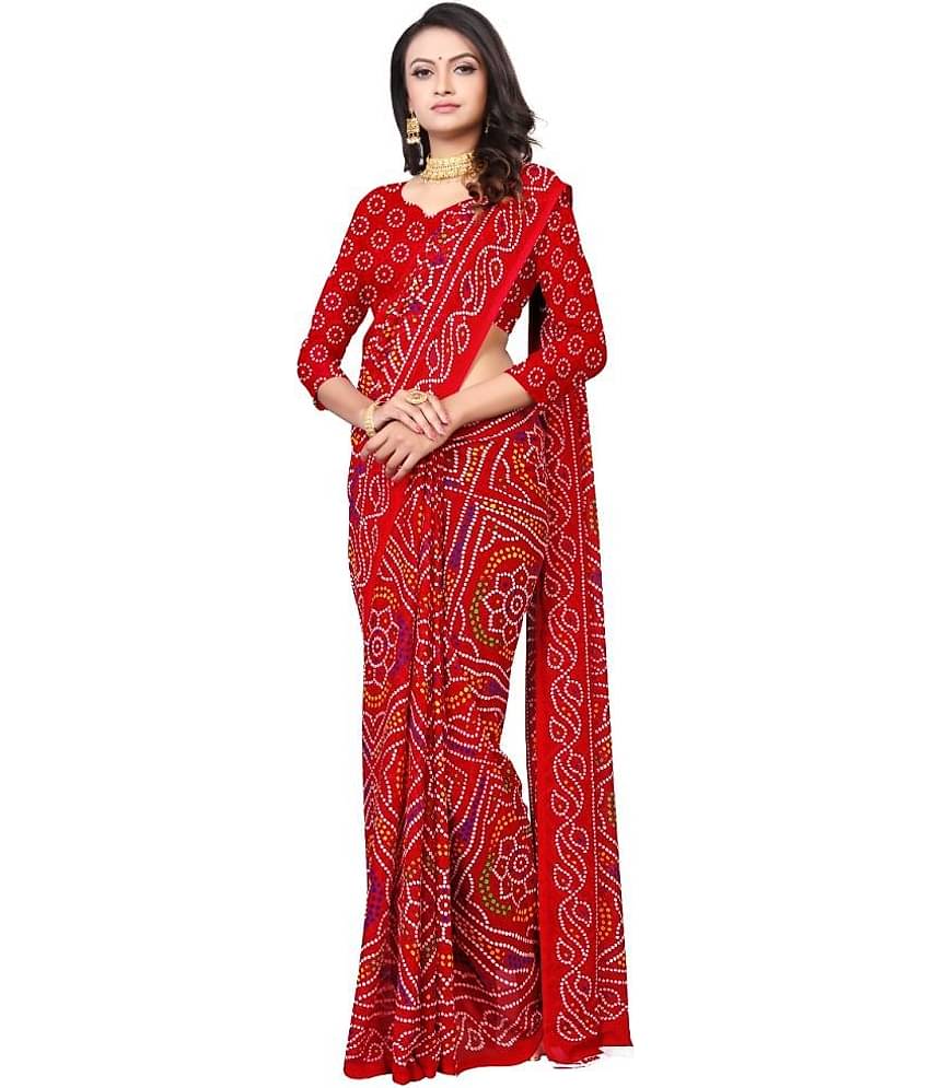 Kanooda Prints Georgette Printed Saree With Unstitched Blouse Piece ( Red )