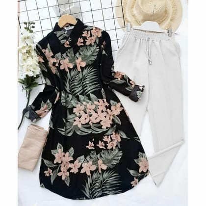 Pink Flower Design in Black Color Kurti With Palazzo by GlamaStitch-M