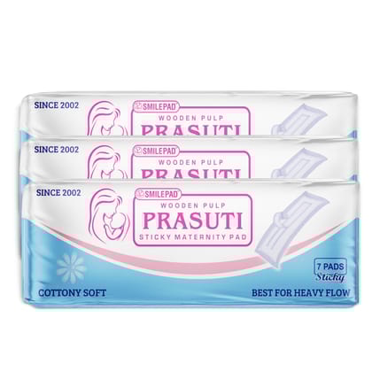 Prasuti Sticky Maternity Pad for Women - Set of 3 Pack, Each Pack 7 Pads | Super Absorbent, Soft and Rash Free, Adhesive Sticky Tape