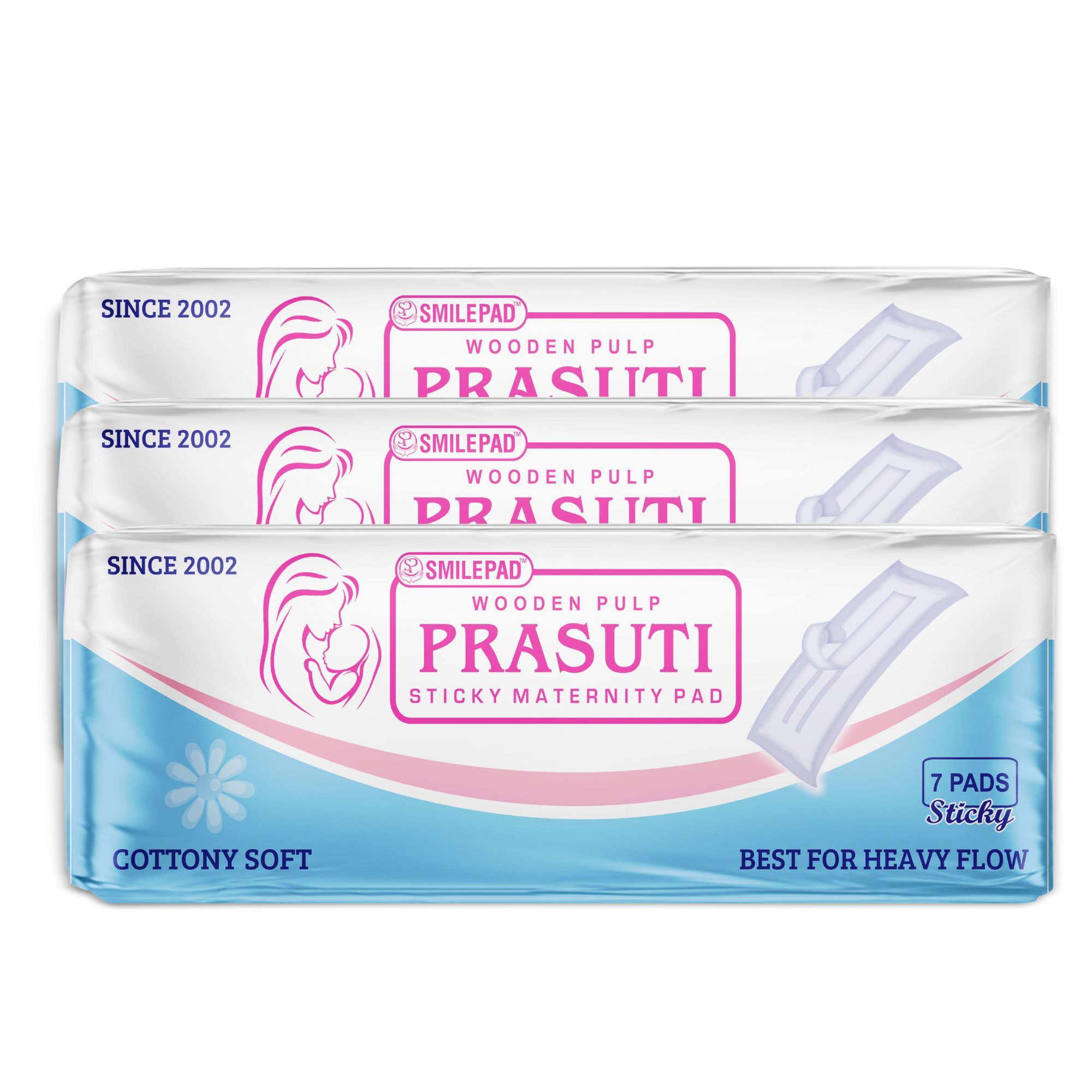 Prasuti Sticky Maternity Pad for Women - Set of 3 Pack, Each Pack 7 Pads | Super Absorbent, Soft and Rash Free, Adhesive Sticky Tape