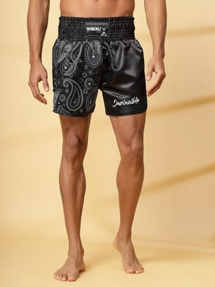 Invincible Buta Paisley Print Muay Thai Shorts-Black / S