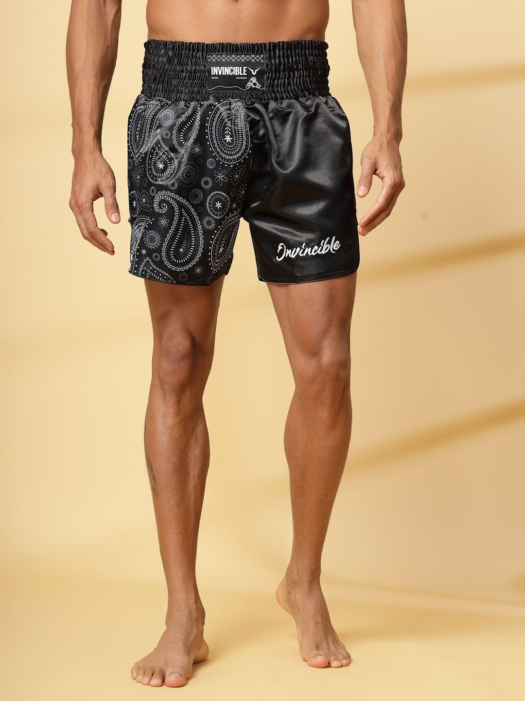 Invincible Buta Paisley Print Muay Thai Shorts-Black / S