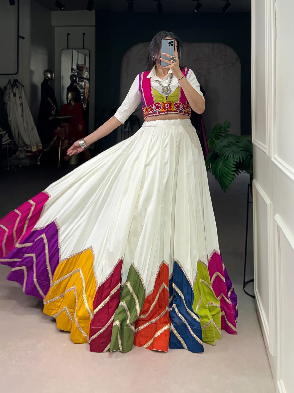 Multi colour patched bottom ane casual shirt choli sathe Gamthi koti perfect modern desi Navratri look