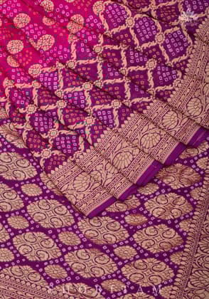Ombre Purple-Pink Shades - Authentic Hand Bandhej Banarasi Silk Georgette Saree | SILK MARK CERTIFIED