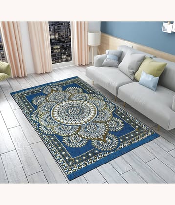 FURNISHING HUT Blue Cotton Carpet Abstract 5x7 Ft