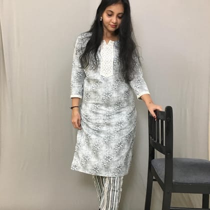 Light Grey Flower Print Kurti Set-36 - S