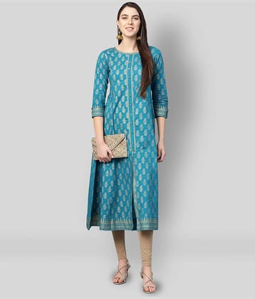 Yash Gallery Pack of 1 Cotton Printed Front Slit Women's Kurti - ( Blue )