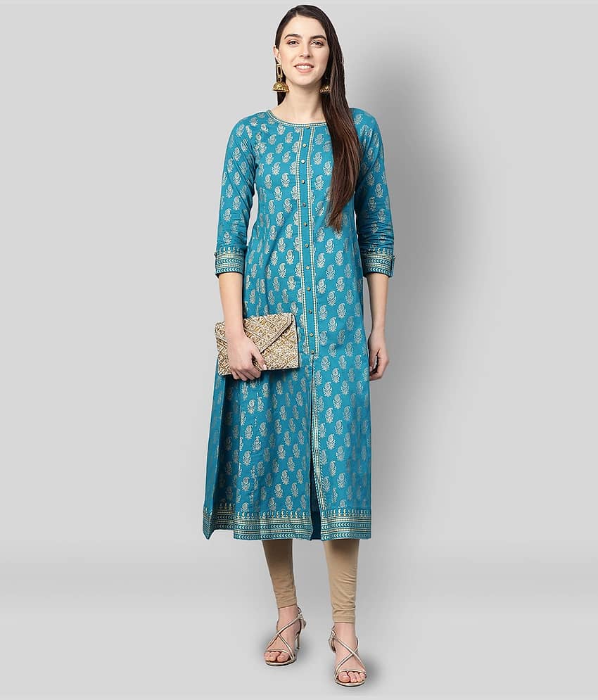 Yash Gallery Pack of 1 Cotton Printed Front Slit Women's Kurti - ( Blue )