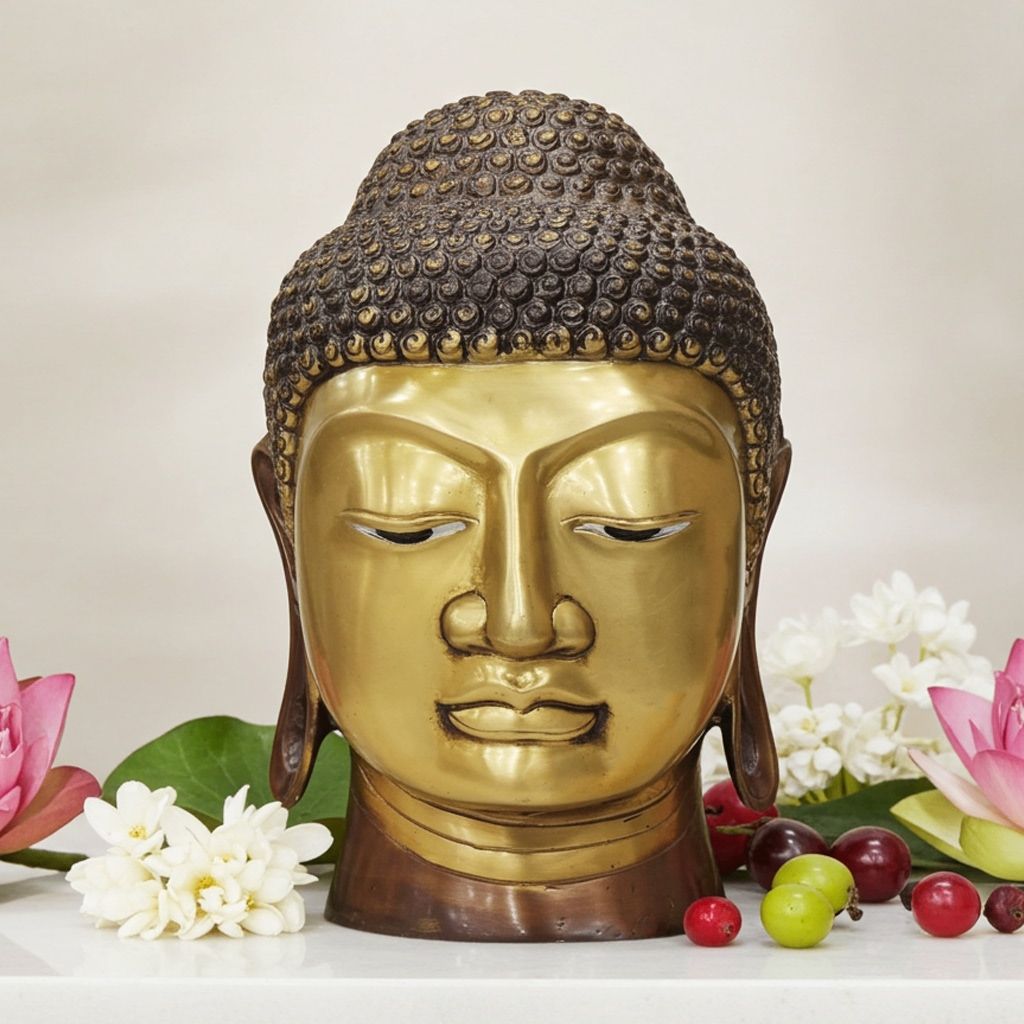 Brass Buddha Head Sculpture - Premium Decorative Idol, Height : 9.5 Inch (BSMAS791 A)