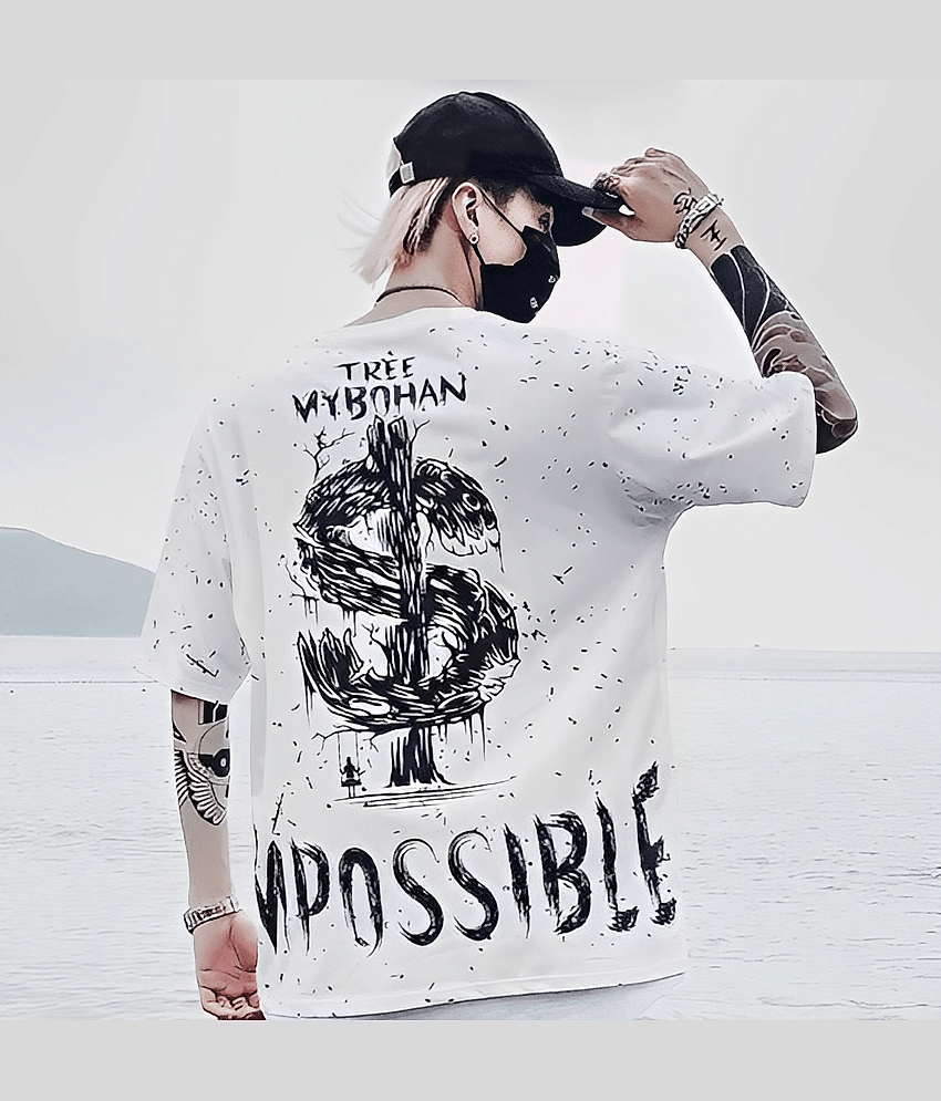BUKKL Men Cotton Oversized Fit Printed T-Shirt ( White )