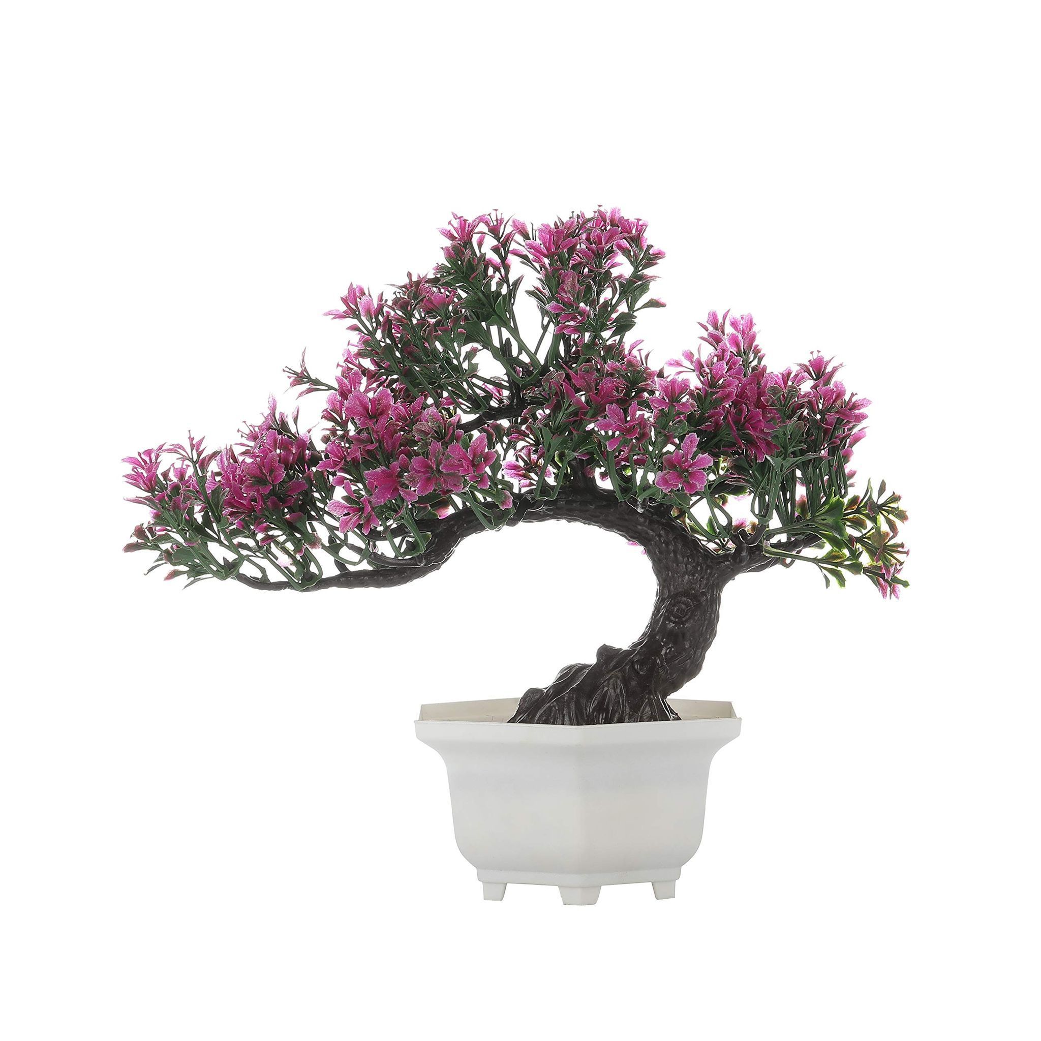 FOLIYAJ Artificial Bent Bonsai Tree with Thick Trunk and Magenta Leaves(23 cm x 10 cm x 23 cm, FYJ-WHXS-B-NBENTMAGLEV)
