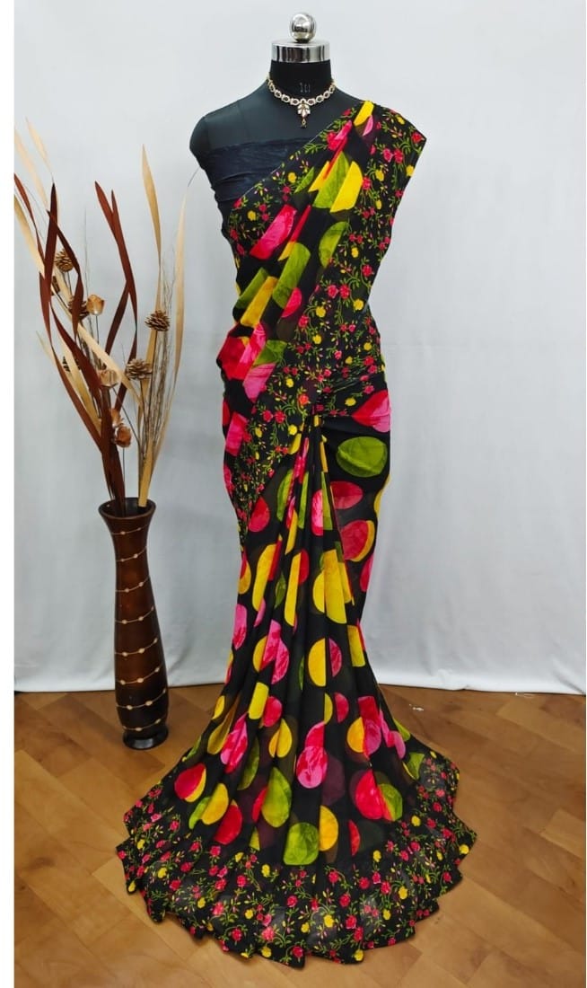Women's Georgette Printed Saree with Unstitched Blouse (Black)