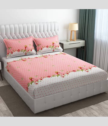 SHOMES Cotton 1 Double Fitted Bedsheet with 2 Pillow Covers ( 198 cm x 182 cm ) , Pink