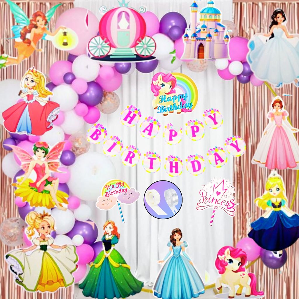 Princess Theme Happy Birthday Balloon Garland & Banner Comobo - Set of 71PC - Party and Festive Needs | Buy online on ZillyBuy