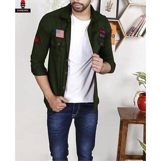 Fashlook Solid Curved Collar Regular Fit Cotton Blend Casual Dark Green Shirt For Mens